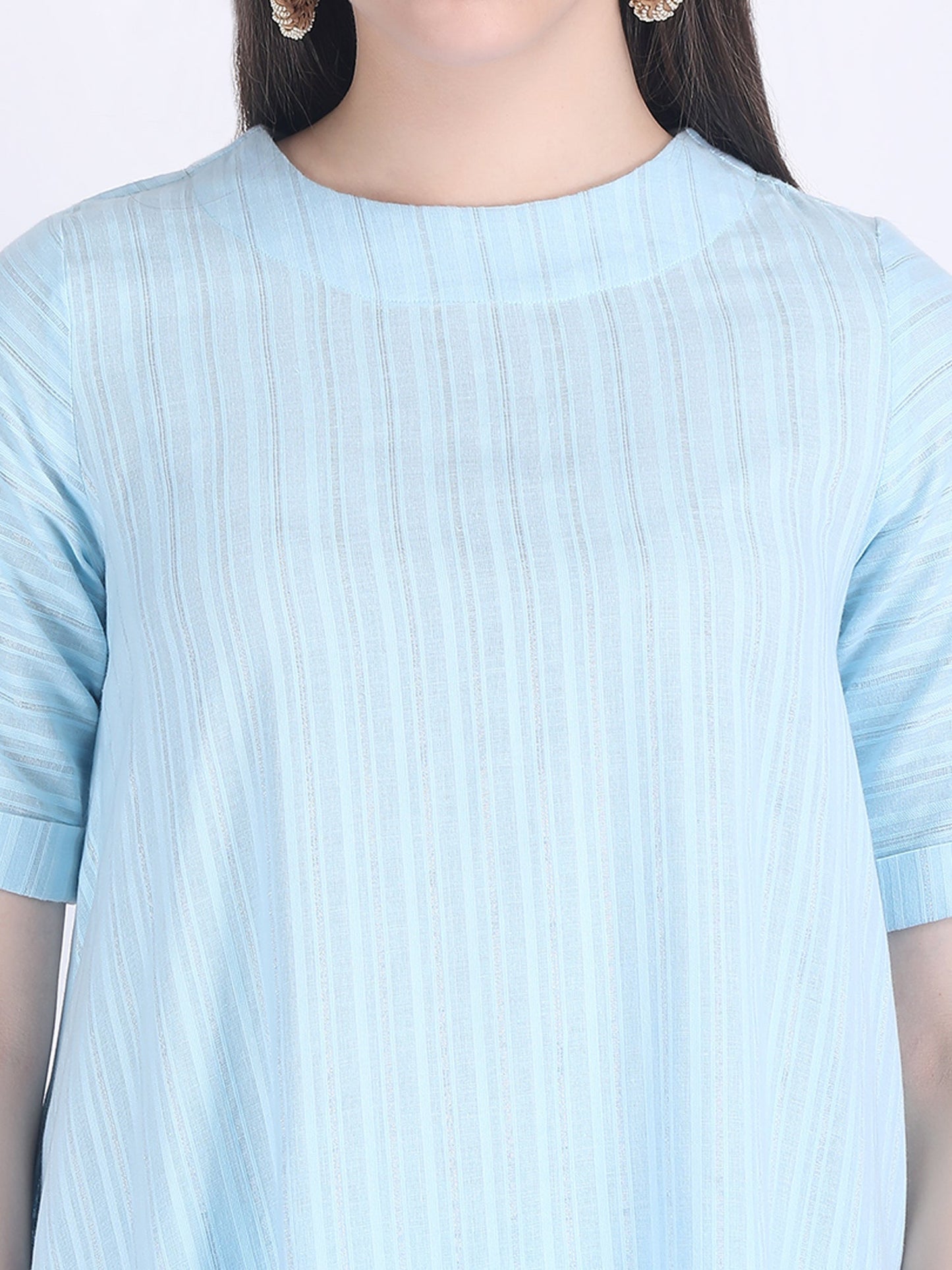 COTTON SELF STRIPED A LINE KURTA SET SILVER BLUE