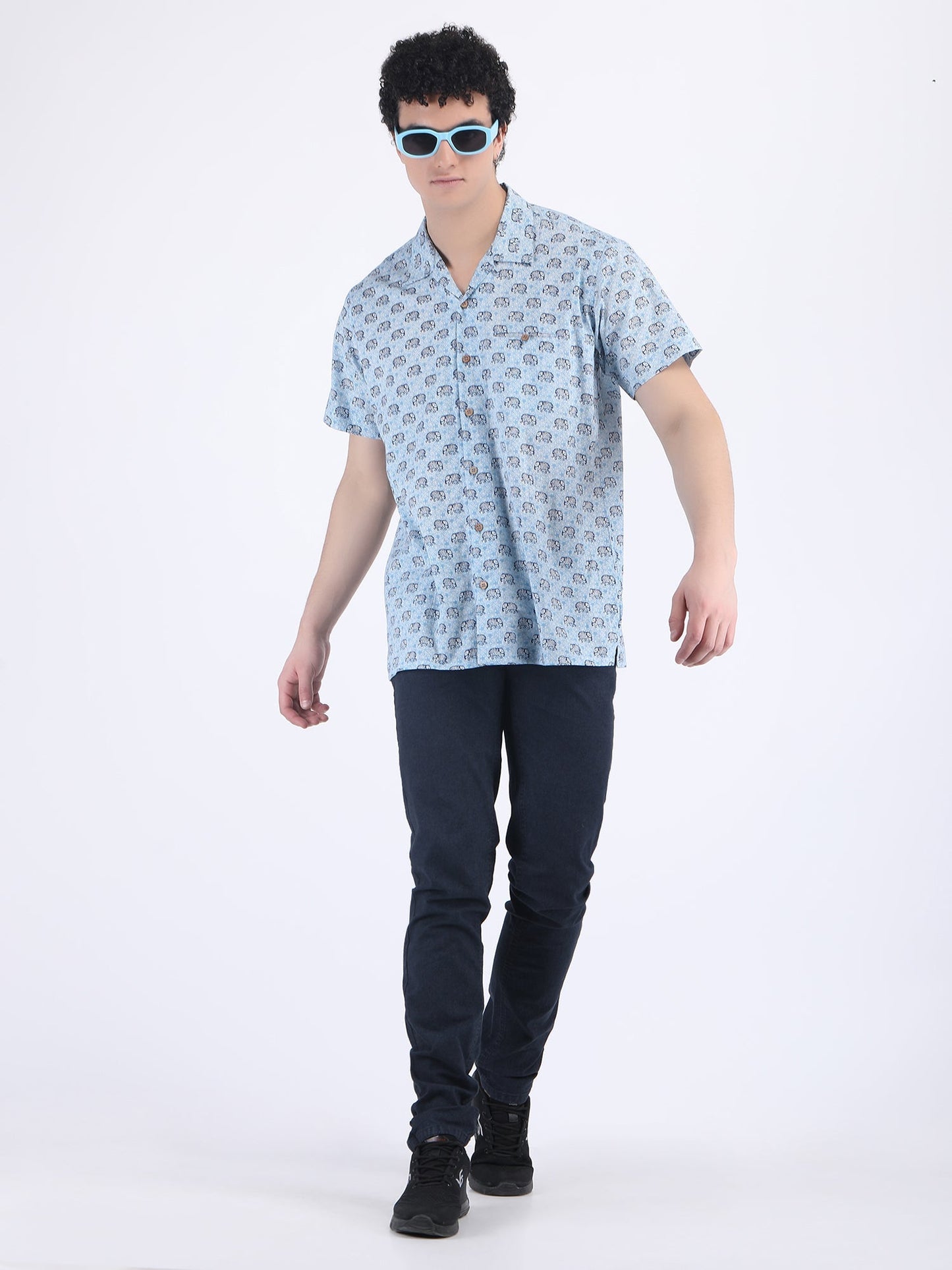 COTTON PRINT SUMMER SHIRT IN BLUE ELEPHANT