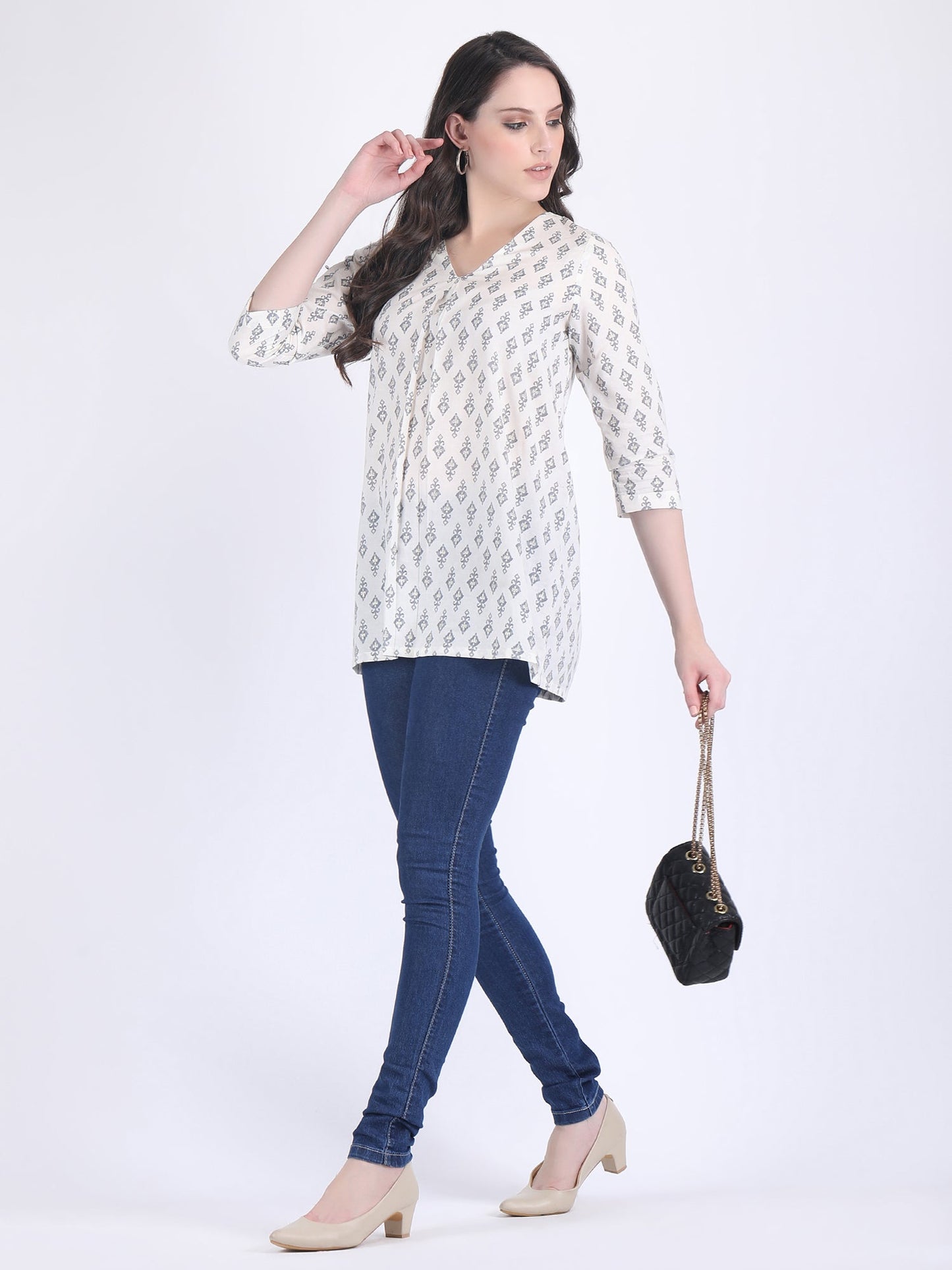 COTTON PRINT A LINE KURTI OFF WHITE GREY