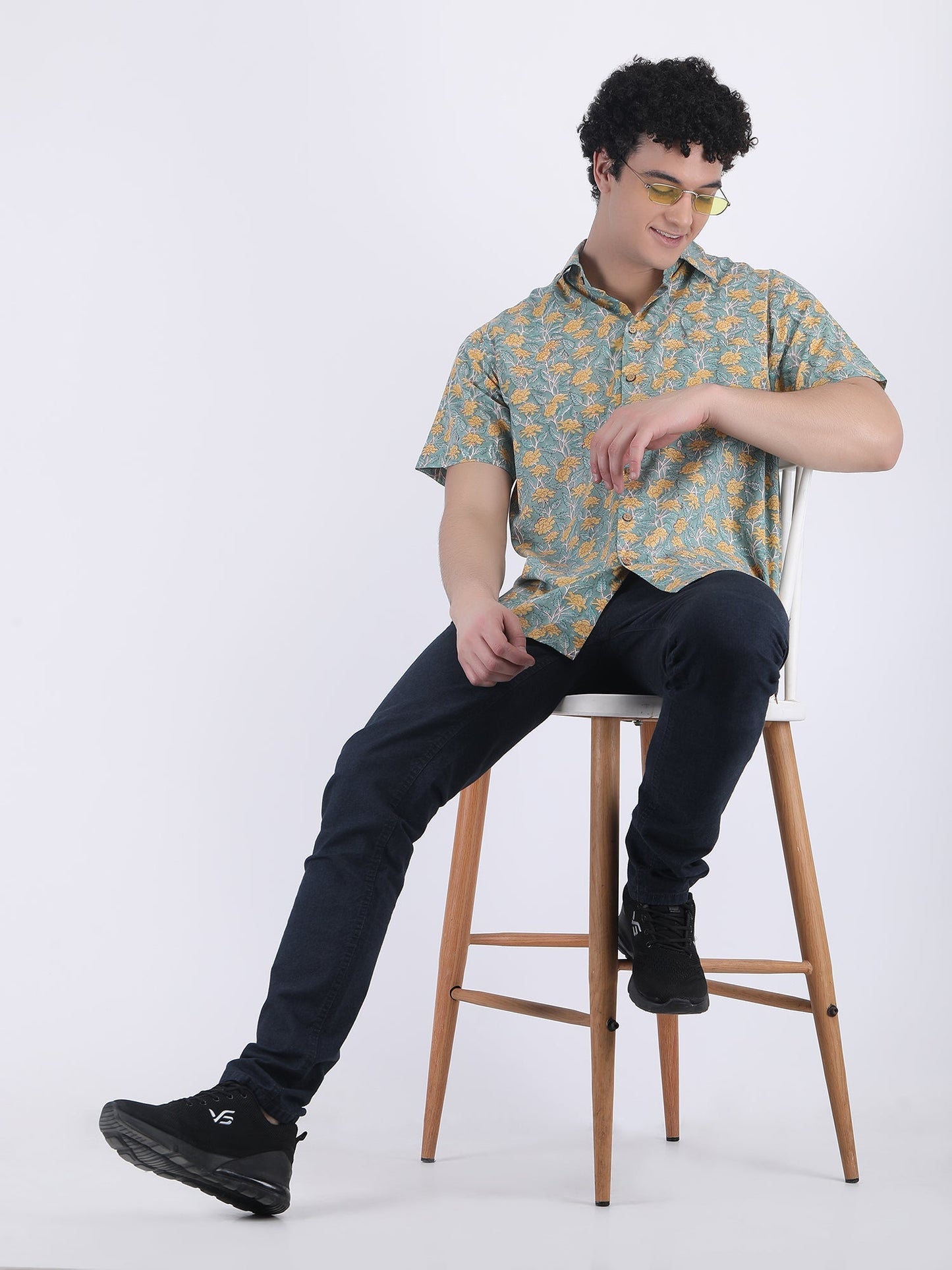 COTTON FLOWER PRINT SUMMER SHIRT IN GREEN YELLOW