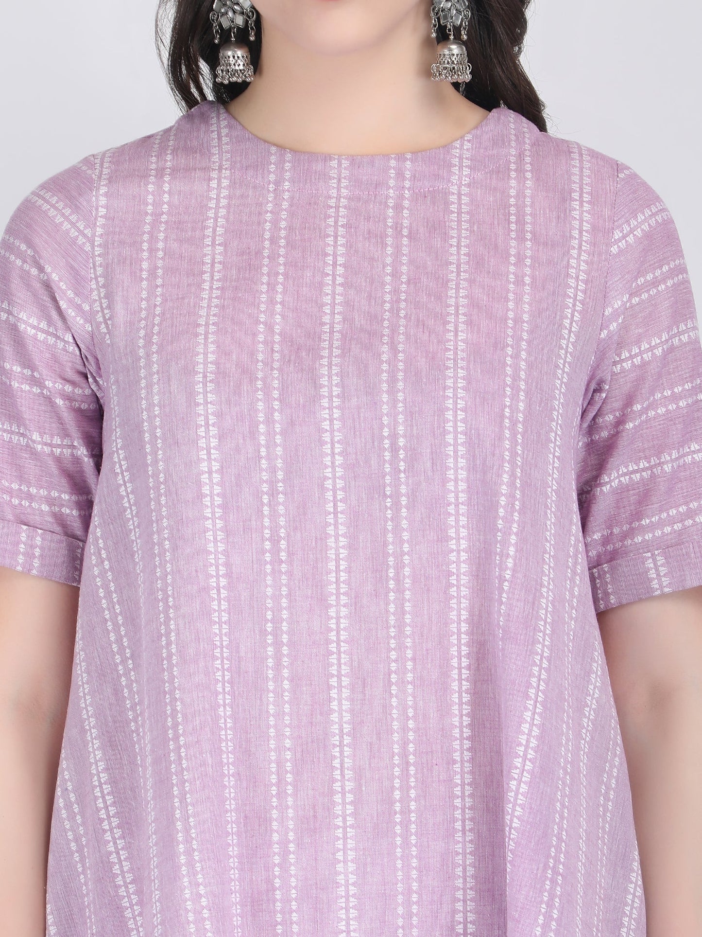 COTTON SELF STRIPED A LINE KURTA SET LILAC