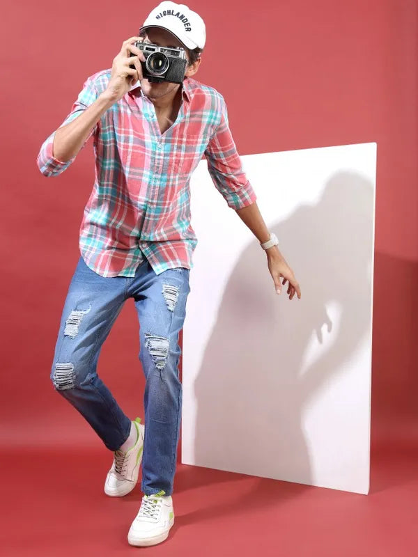 Suburbans Men Pink Checked Slim Fit Casual Shirt