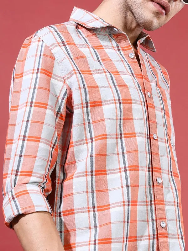 Suburbans Men Orange Checked Slim Fit Casual Shirts