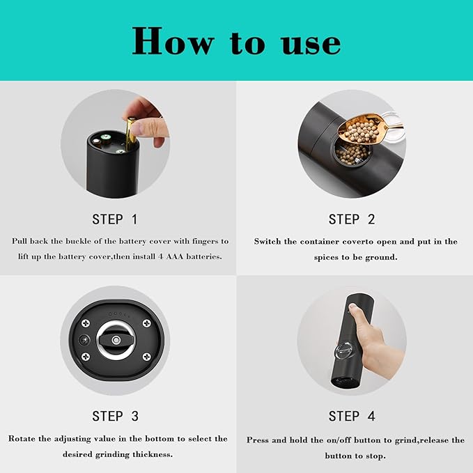 Nedyfix Gravity Electric Pepper Grinder, Battery Powered Grinder, with LED Light for One Hand Operation of Automatic Pepper and Salt Grinder Adjustable Poughness-7in Black