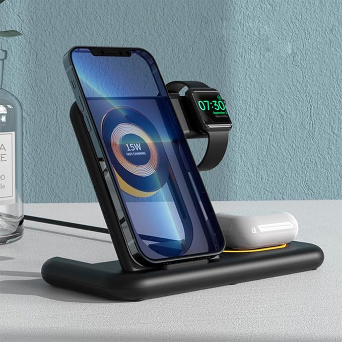 DAM 5-in-1 Foldable Charging Station, Magsafe Base 15 W, Adjustable Charger for Apple Watch and Qi Base, with Touch Night Light, Stand Function, 18.5 x 13.5 x 12 cm, Colour: Black