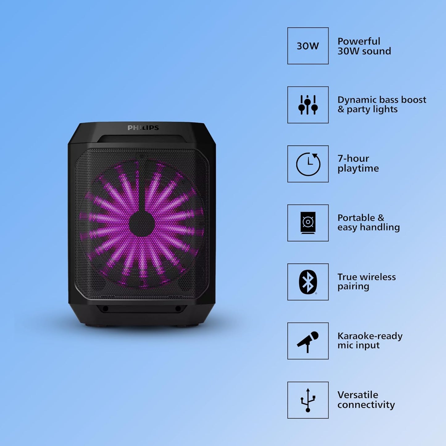 Philips New TAX2208 Bluetooth Party Speaker Dynamic Bass Boost, 3000mAh Battery Mic Input, Wireless Pairing