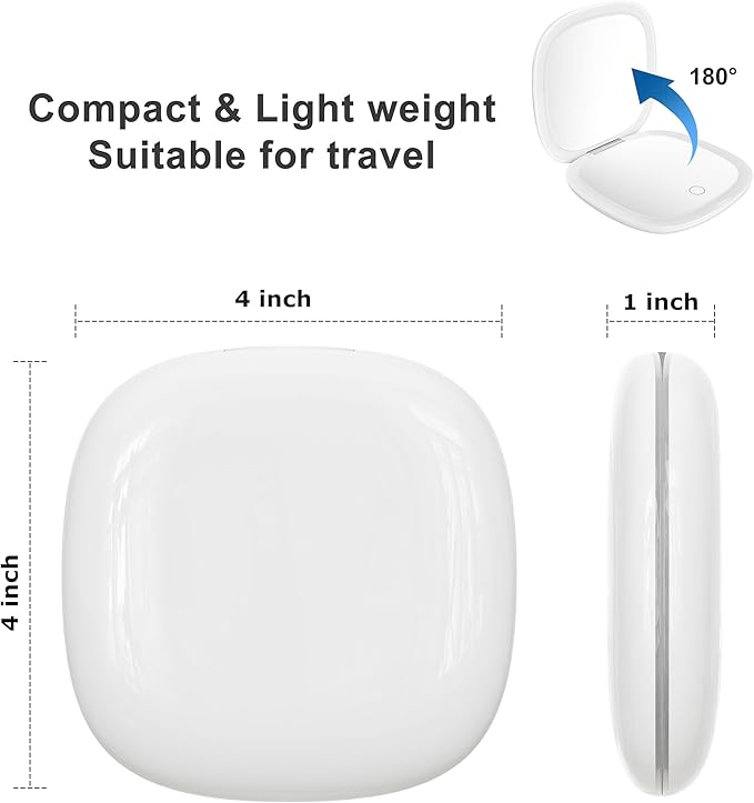 Compact Mirror with LED Light, 1x/10x Magnifying Rechargeable Dimmable Pocket Makeup Mirror for Purse, Travel, 4inch