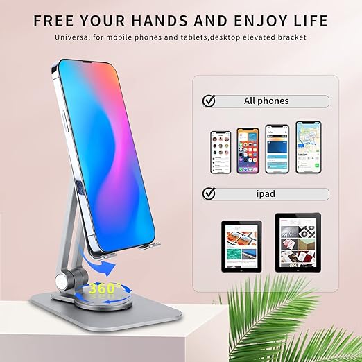 BFSGSGMR Cell Phone Stand for Desk,Foldable and rotatable Desktop Mobile Phone Holder, Compatible with All Models of Mobile Phones, ipads, Tablets (4-11 inches) (Silver)