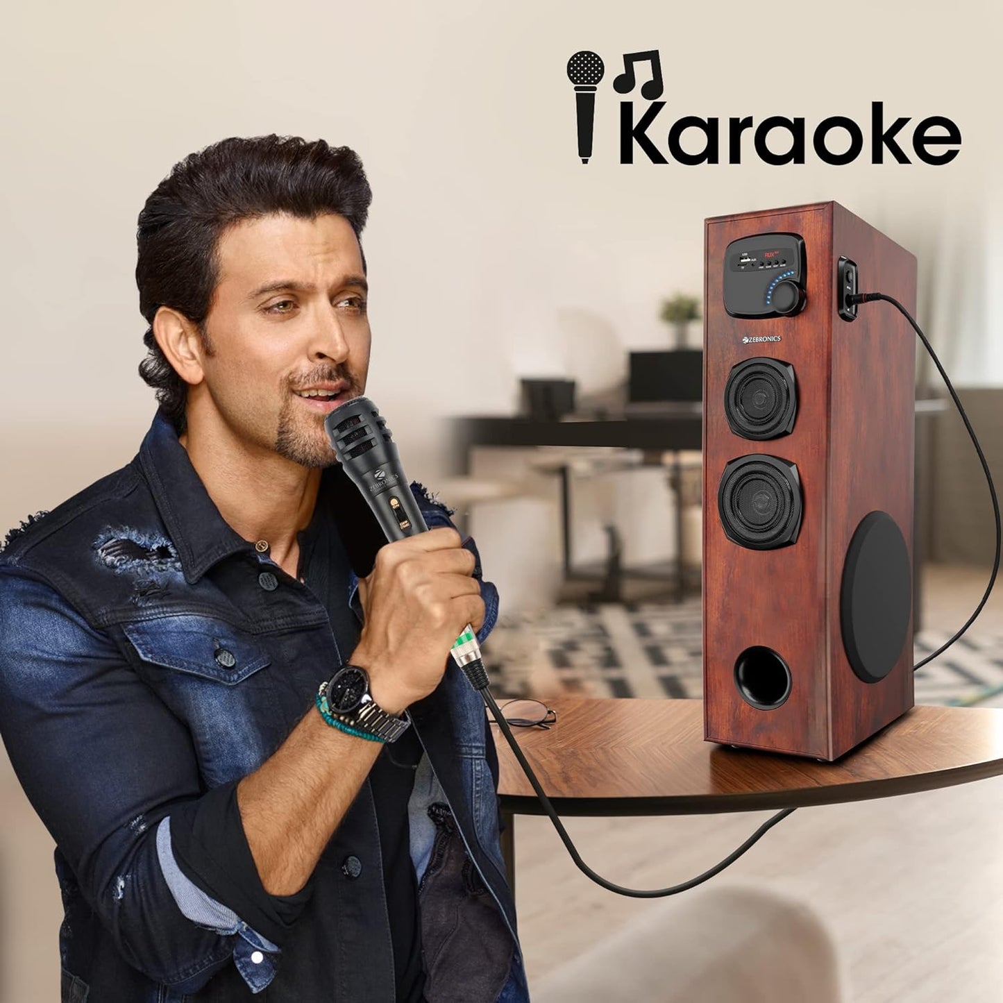 ZEBRONICS BT909RUCF Tower Speaker with 80W RMS, 20.32cm (8”) subwoofer, Wired mic for Karaoke, (Open Box)