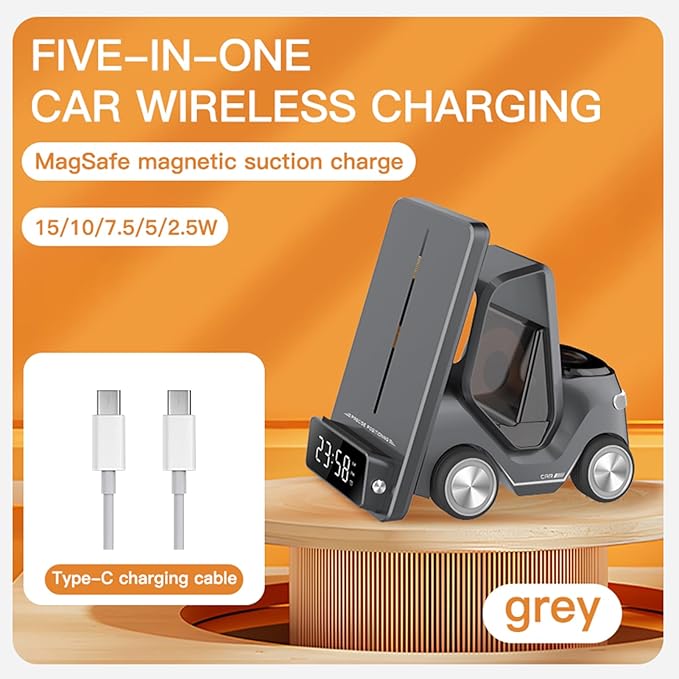 Valink 5 in 1 Wireless Charger Stand With Alarm Clock Fast Charging Dock Station For Phone Watch Earphone Grey