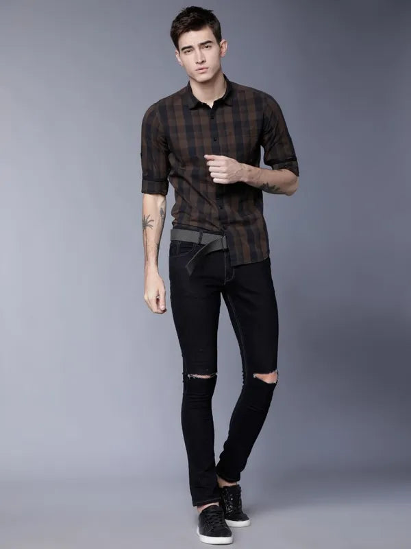 Suburbans Men Brown Checked Slim Fit Casual Shirts