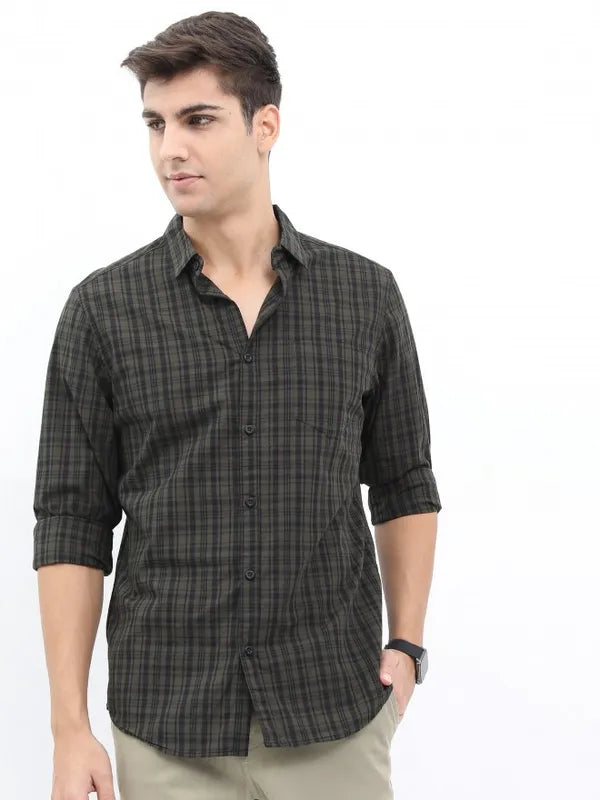 Suburbans Men Olive Checked Slim Fit Casual Shirts