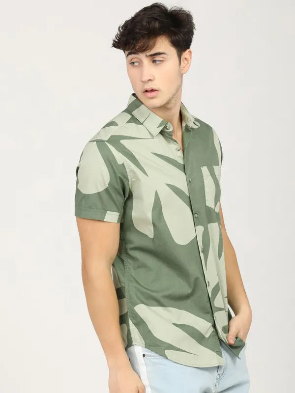 Suburbans Men Green Printed Slim Fit Casual Shirts