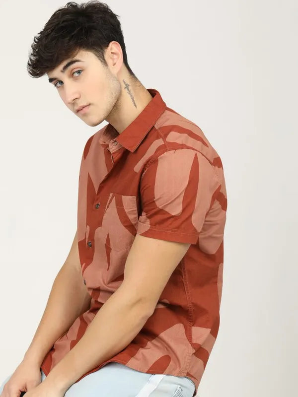 Suburbans Men Terracotta Printed Slim Fit Casual Shirts
