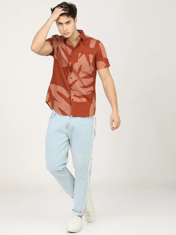 Suburbans Men Terracotta Printed Slim Fit Casual Shirts
