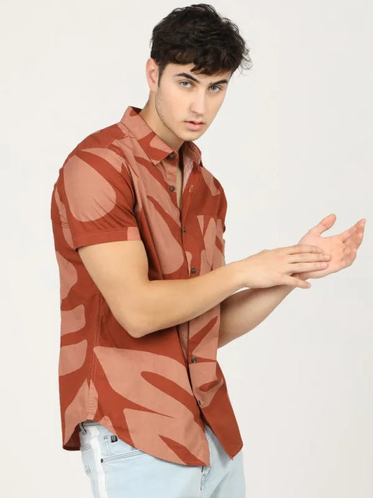 Suburbans Men Terracotta Printed Slim Fit Casual Shirts