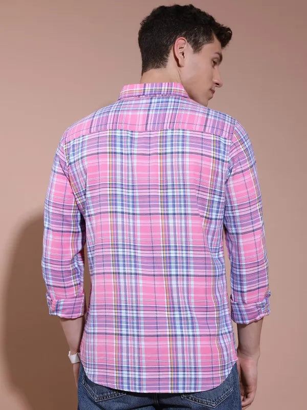 Suburbans Men Pink Checked Slim Fit Casual Shirts