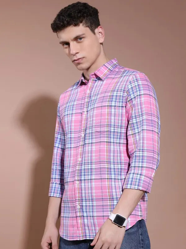 Suburbans Men Pink Checked Slim Fit Casual Shirts