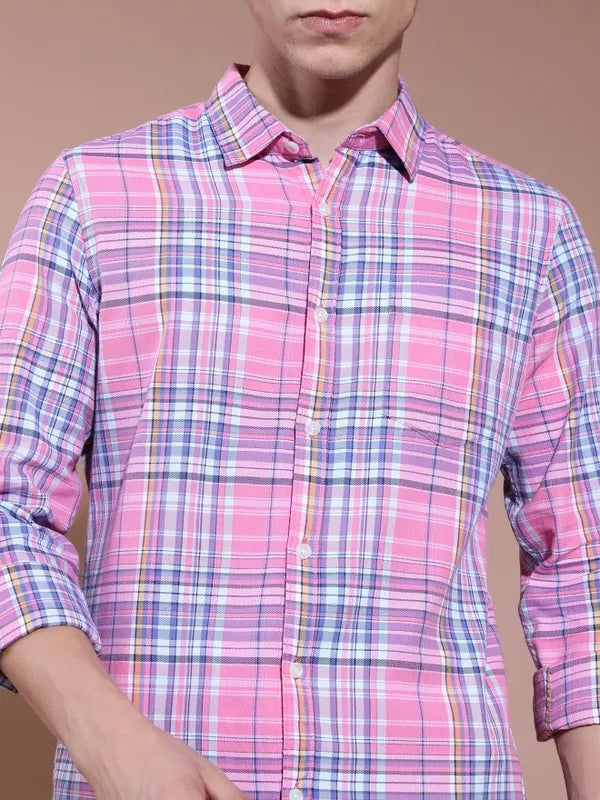 Suburbans Men Pink Checked Slim Fit Casual Shirts