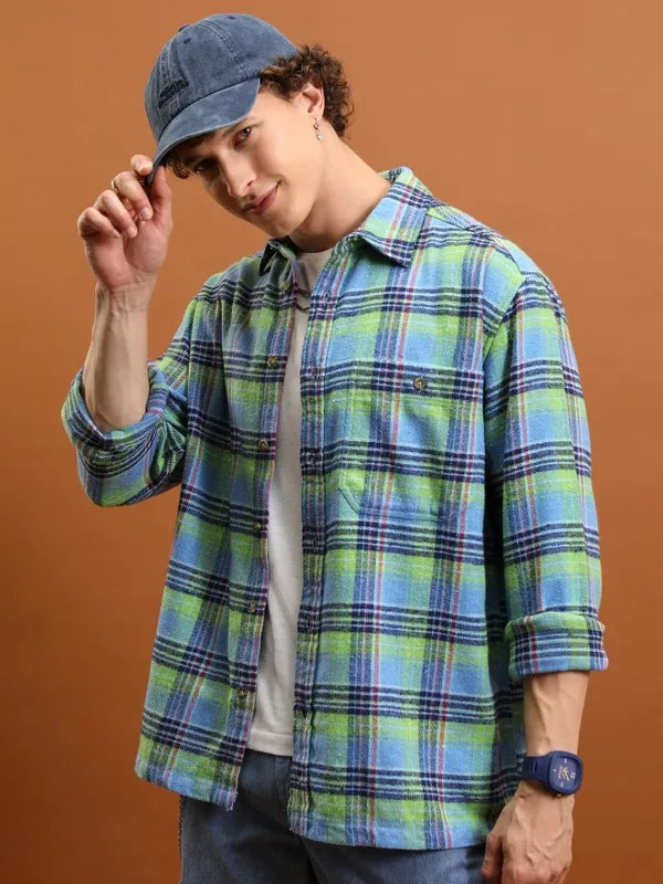Suburbans Men Blue Checked Oversized Fit Casual Shirts