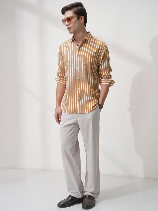 Suburbans Men Rust Striped Regular Fit Casual Shirt