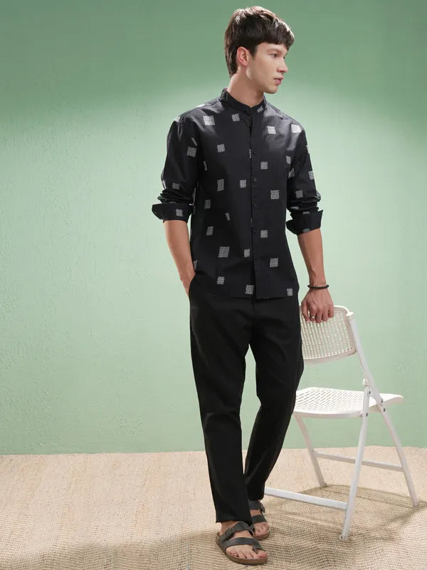 Suburbans Men Navy Blue Self Design Relaxed Fit Casual Shirt