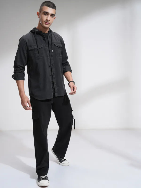 Suburbans Men Charcoal Faded Slim Fit Casual Shirt