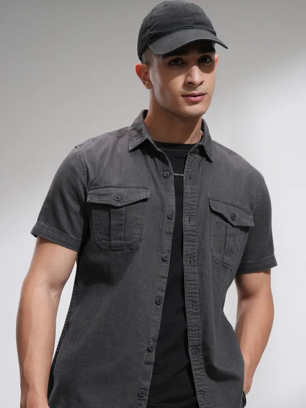 Suburbans Men Grey Faded Slim Fit Casual Shirt