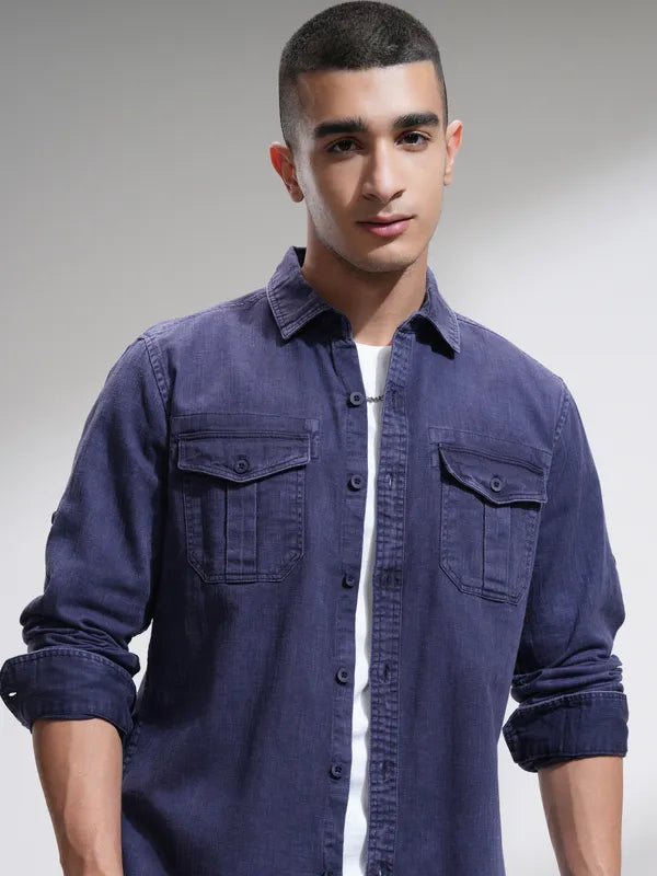 Suburbans Men Blue Solid Slim Fit Casual Shirt