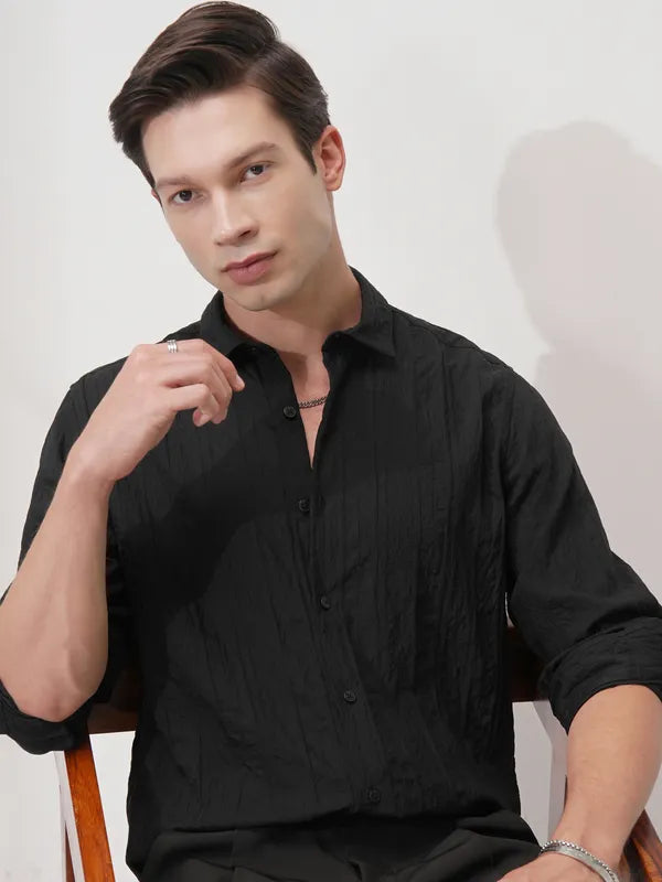 Suburbans Men Black Striped Slim Fit Casual Shirt