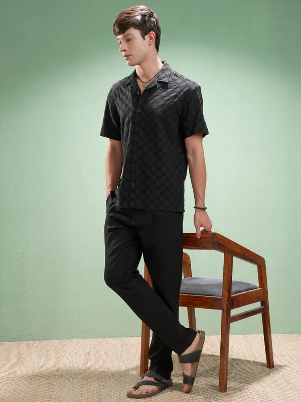 Suburbans Men Black Self Design Relaxed Fit Casual Shirt