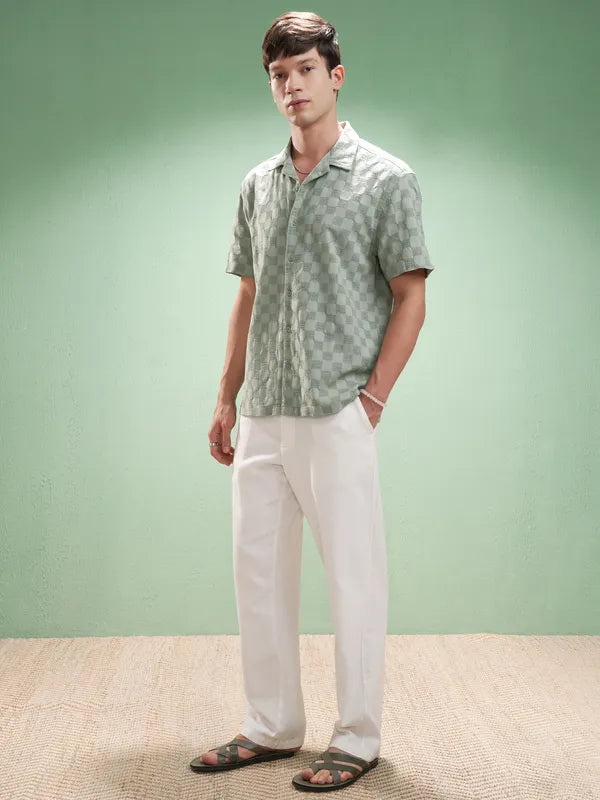 Suburbans Men Olive Self Design Relaxed Fit Casual Shirt