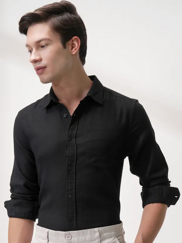 Suburbans Men Black Self Design Slim Fit Casual Shirt