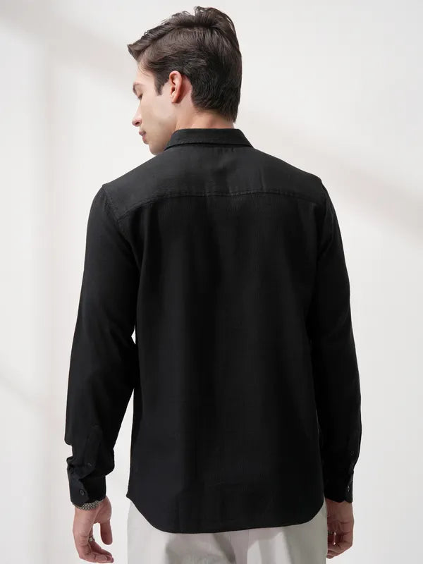 Suburbans Men Black Self Design Slim Fit Casual Shirt