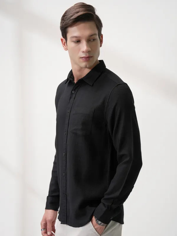 Suburbans Men Black Self Design Slim Fit Casual Shirt