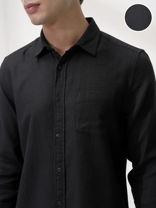 Suburbans Men Black Self Design Slim Fit Casual Shirt