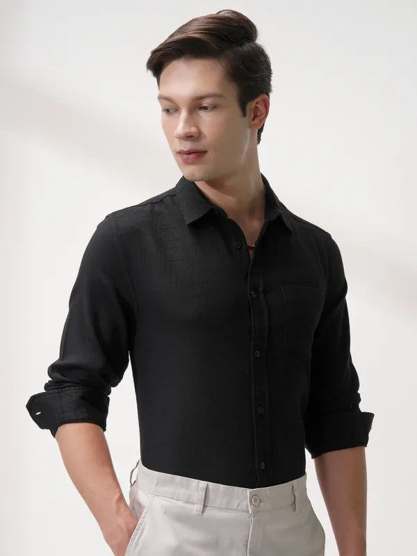 Suburbans Men Black Self Design Slim Fit Casual Shirt