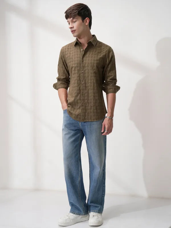 suburbans Men Brown Self Design Slim Fit Casual Shirt