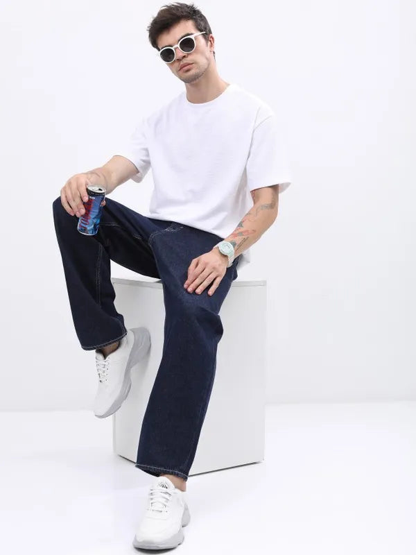 Suburbans Men Structured White Solid Oversized Fit T-Shirt