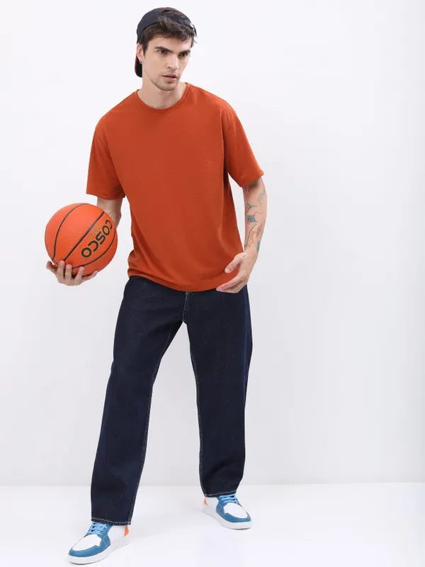 Suburbans Men Terracotta Solid Round Neck T-Shirts