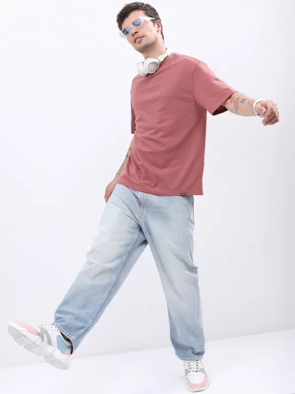 Suburbans Men Pink Solid Oversized Round Neck T-Shirt