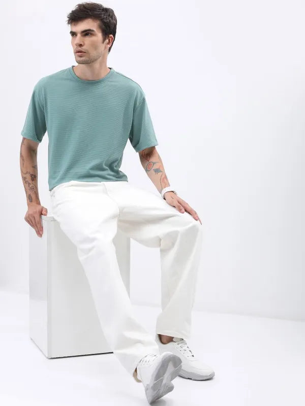 Suburbans Men Sea Green Solid Oversized Round Neck T-Shirt
