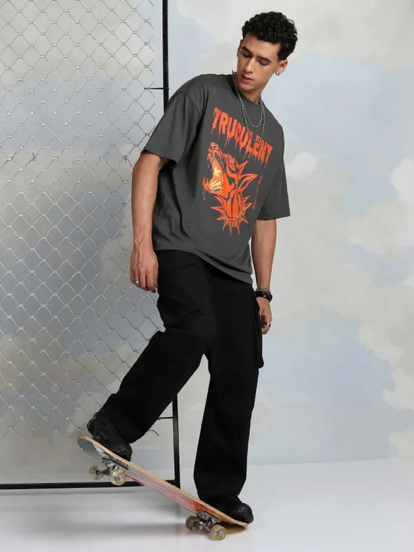 Suburbans Men Grey Printed Round Neck Oversized Fit T-Shirt