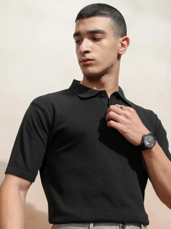 Suburbans Men Black Self Design Polo Collar T-Shirt