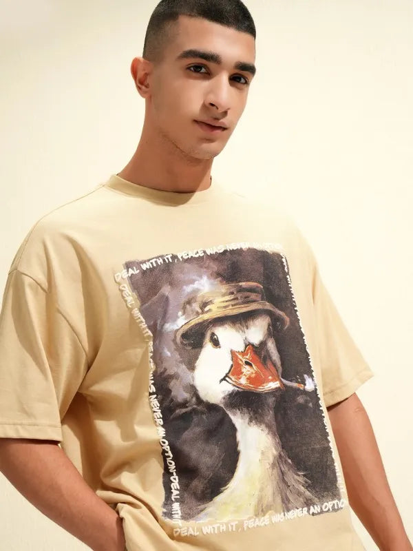 Suburbans Men Beige Printed Round Neck Oversized Fit T-Shirt