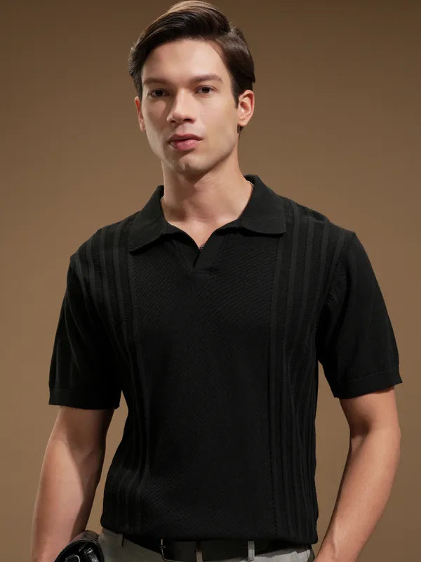 Suburbans Men Black Self Design Polo Collar T-Shirt