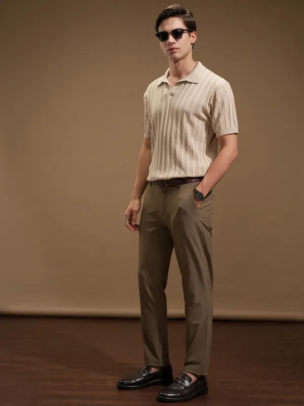 Men Beige Self Design Polo Collar T-Shirt