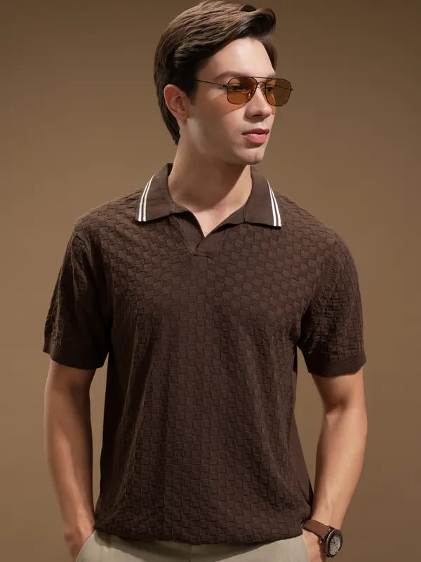 Suburbans Men Brown Self Design Polo Collar T-Shirt