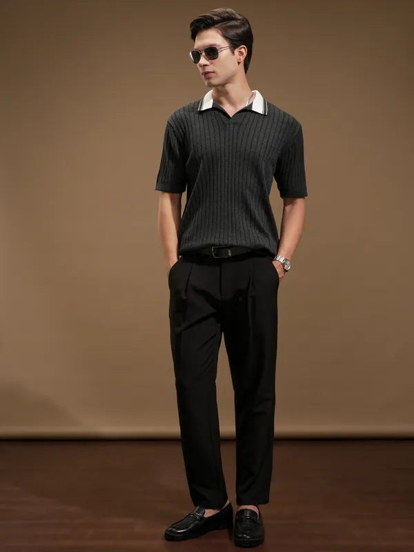 Suburbans Men Grey Self Design Polo Collar T-Shirt