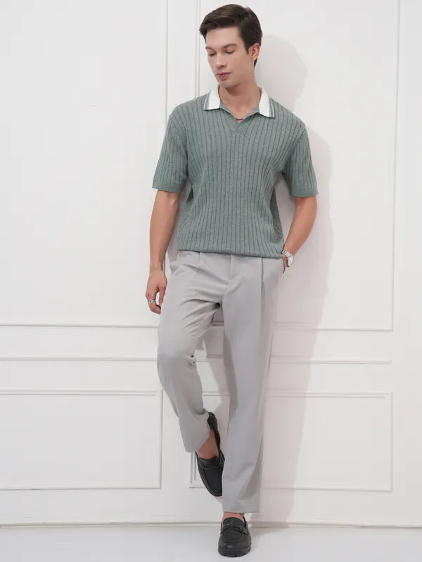 Suburbans Men Green Self Design Polo Collar T-Shirt